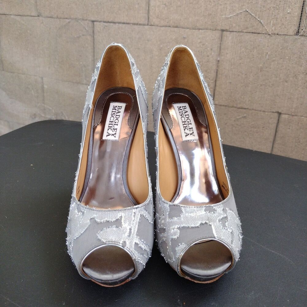 Badgley Mischka Shoes Women Sz 5.5 Silver Gray Satin Glitter Peep Toe Pumps Heel